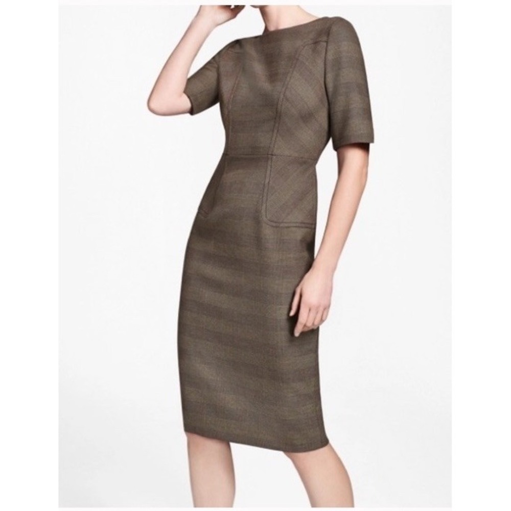 Brooks Brothers Sheath Dress 12 Glen Plaid Short Sleeve Taupe Black Career Check